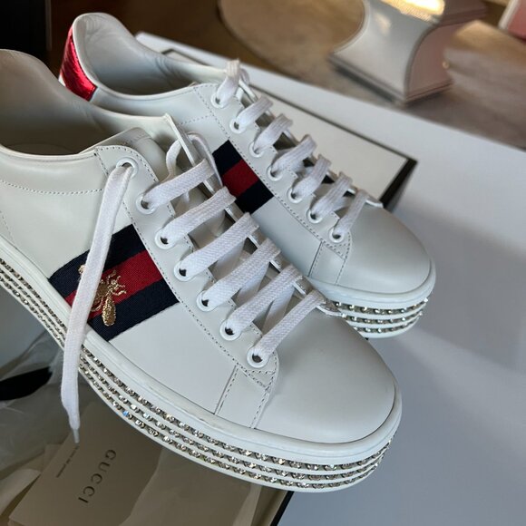 Gucci White Leather Crystal Studded Ace Lace Up Sneakers Size 38 - Picture 6 of 11